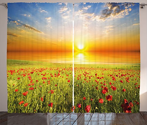 Ambesonne Nature Curtains, Poppy Meadow with Horizon Rural Country Sunny Idyllic Eco Landscape, Living Room Bedroom Window Drapes 2 Panel Set, 108" X 84", Lime Green