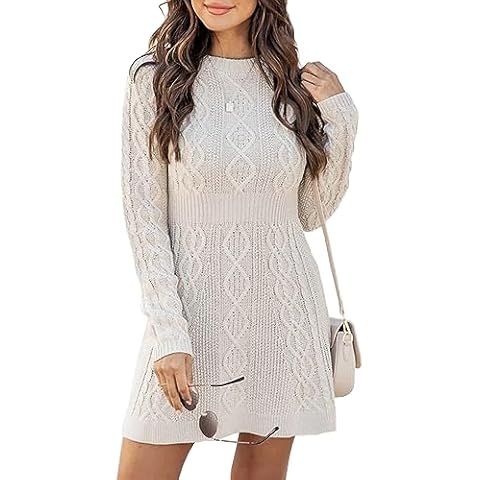 Ebifin Sweater Dresses for Women Elegant Jumper Dresses Knitted Round Neck A-Line Mini Dress Winter Pullover Dresses.Beige.XL Cover