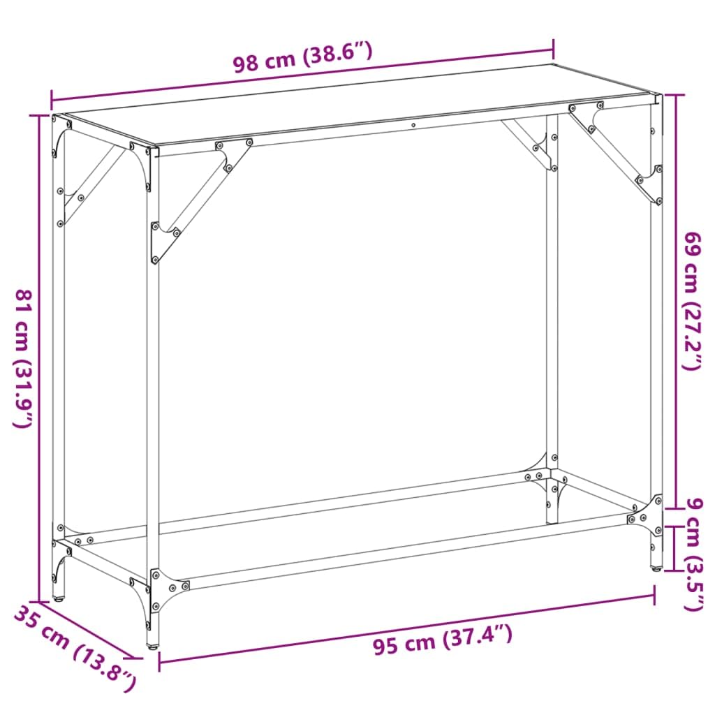 Konsolentisch mit Glasplatte transparent Stahl 98x35x81 cm modern für Flur Diele Wohnzimmer platzsparend als Beistell Ablage mit Wandhalterung stabil und pflegeleicht