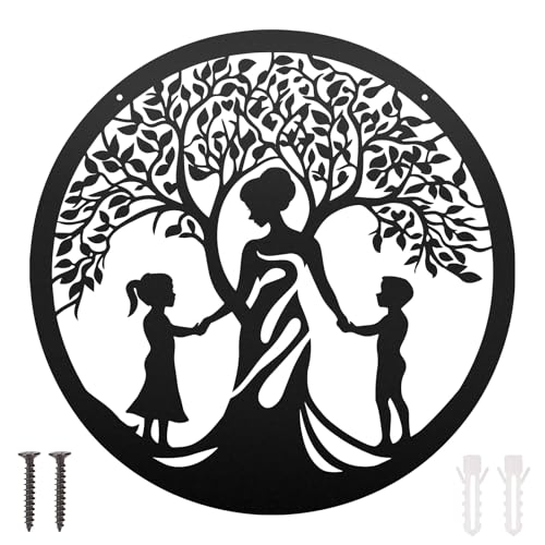 BOXOB Arbre de Vie Art Mural Métal, 35cm Moderne Décoration Murale Ronde Délicate Mère & Enfants Design Arbre Familial Parfait pour Salon Chambre Jardin...