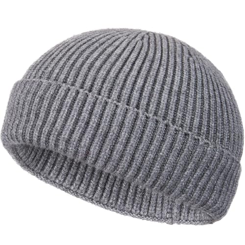Wool Fisherman Beanies for Men Women Short Knit Fall Winter Warm Beanie Watch Cap Cuffed Trawler Hats Skull Caps Grey