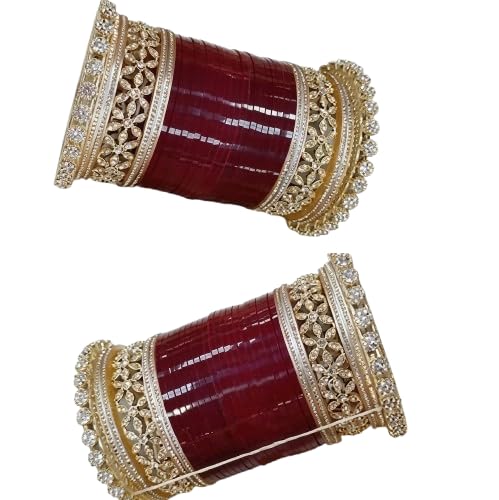 Bridal Bangle Set Maroon Punjabi Chura Bridal Wedding Chura Designer Choora for Women Polki And Kundan Studded Punjabi Traditional Chooda (Set Of - 1)-image-17