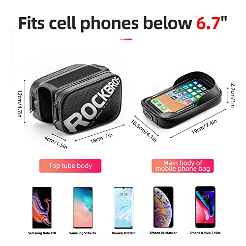 Rockbros Bike Frame Bag Waterproof Top Tube Phone Bag Touch Screen Cell Phone Holder Bicycle Pouch For Mountain Ebike Road Bikes Compatible With Iphone 11 12 13 8 X 10 Xr Below 6.7'' #TOP5
