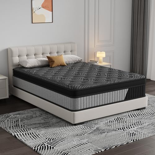 Full Size 12 Inch Hybrid Mattress in a Box. Medium Firm Black and Gray Fabric Cover with Pocket Spring and Memory Foam Breathable Supportive Cool Sleep for Back Side Stomach Sleepers.