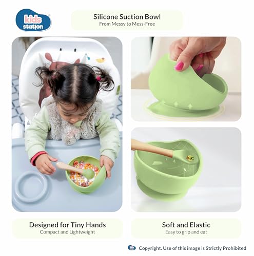 Image of Kids Station 8-Piece Silicone Baby Feeding Set | Suction Bowl, Plate, Bib, Cup, Spoon & Fork | 100% Food Grade BPA-Free Silicone | Non-Slip, Easy to Clean (Pack of 8, Green)