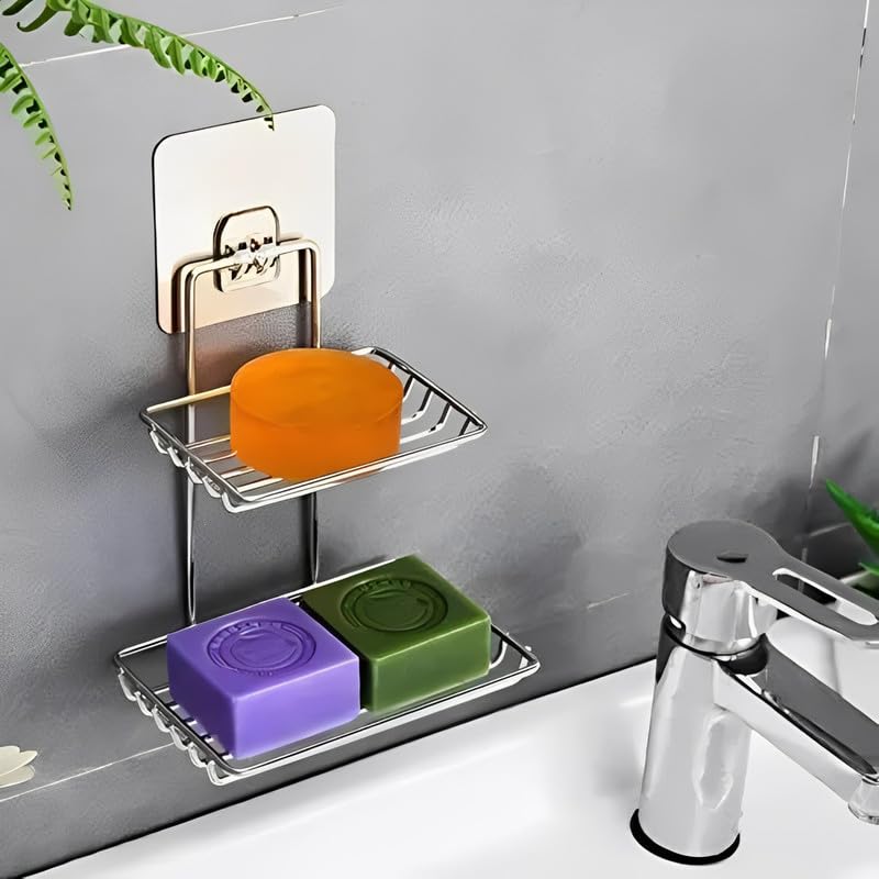Image of Puno 2-Layer Wall Mounted Soap Dish & Storage Rack - Rustproof Stainless Steel Bathroom Shelf with Hooks, Self Adhesive No-Drill Shower Organizer for Kitchen, Wash Basin & Toiletries (Silver)