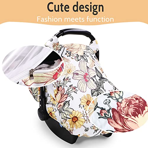 Image of Floral Baby Car Seat Cover for Girl,Infant Carseat Canopy Sun Cover,Baby Carrier Cover with Zipped Peep Windows and Breathable Mesh, Stretchy 3in1Multi-use Stroller Cover