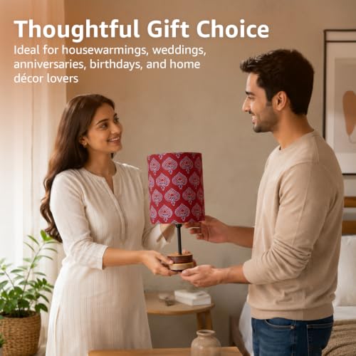 Image of Amazon Basics Phulwari Crimson Table Lamp | Hand-Painted Mango Wood Base with Printed Polyester Shade | E14 Holder | Decorative Night Lamp for Bedroom, Living Room & Study Room | Home Decor Gift