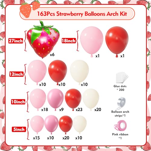 Image of Strawberry Balloons Garland Arch Kit 163pcs with 27 inch Strawberry Foil Balloons, Red and Pink white Balloons for Sweet Girl Berry First Birthday Themed Baby Shower Strawberry Party Decorations