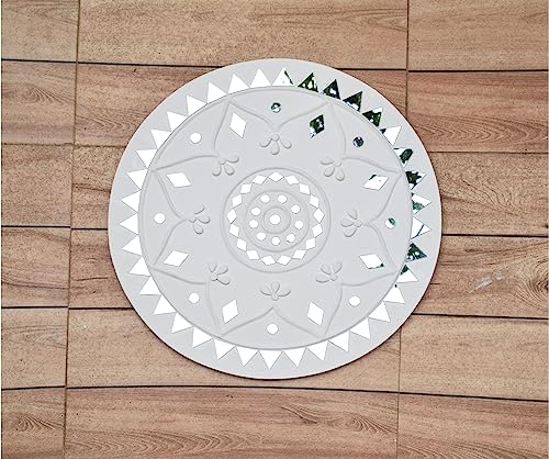 Image of Ethnics of Kutch Traditional Kutch Handicraft Mud-Mirrorwork Lippan Kam Wall Art (Water and Break Resistant) - Square (12 inch x 12 inch) - (White - LKT-0241)
