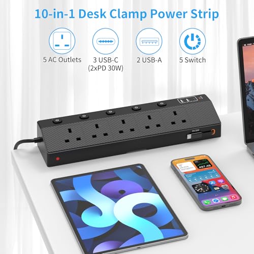 Desk Extension Lead 1.8M, STGAROT PD 30W Power Strip with Retractable USB C Cable, 5 Way Power Socket with 3 USB C Port, 2 USB A Port, Desktop Plug Socket with Removable Clamp for Office Accessories - Image 3