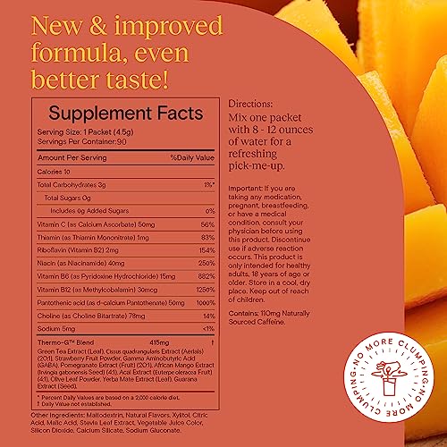 Image of Yoli Passion Peach Mango Energy Powder Mix, Plant-Based, 90 Servings Box | Plant-based peach mango energy drink mix with green tea and guarana, sugar-free, gluten-free, soy-free, and Keto-friendly.