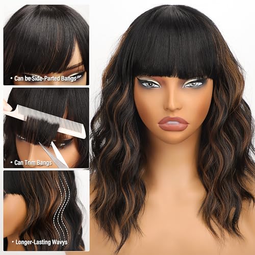 Image of Nnzes Black Mixed Brown Wig with Bangs Short Bob Wavy Wigs Synthetic Curly Wig for Women Natural Looking Heat Resistant Fiber Hair for Daily Party Use