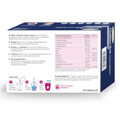 Dr. Böhm Gelenks complex intensiv: Für Knorpel, Knochen & Gelenke, Trinkpulver mit Gelenknährstoffen, Calcium und Vitamin D, mit Himbeer-Geschmack, 30 Stk