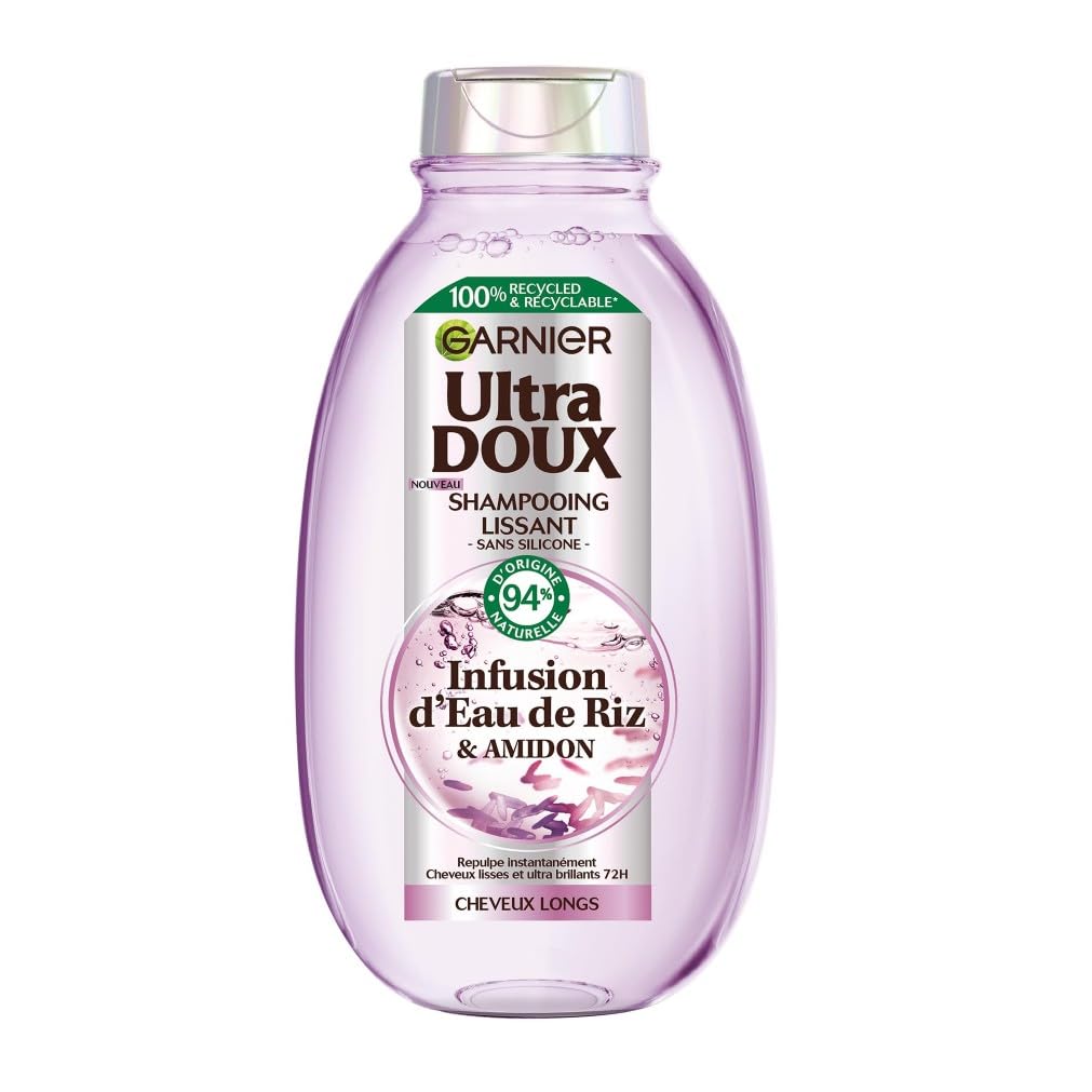 Le flacon de Shampooing Lissant Douceur & Brillance Garnier Ultra Doux à l'Infusion d'Eau de Riz.