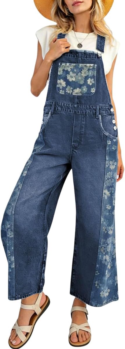 chouyatou Women's Loose Adjustable Strap Denim Bib Overall Floral Wide Leg Cropped Jeans Jumpsuit