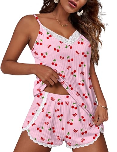 Image of Ekouaer Womens Pajama Sets Soft Lingerie Sleepwear 2 Piece Cami Shorts Set V Neck Pj Lace Nightwear