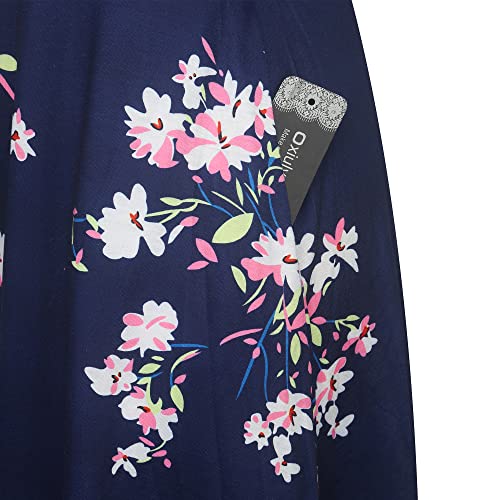 Image of oxiuly Women Casual Dress Round Neck Soft Cotton Floral A-Line Midi Summer Dresses with Pockets OX262