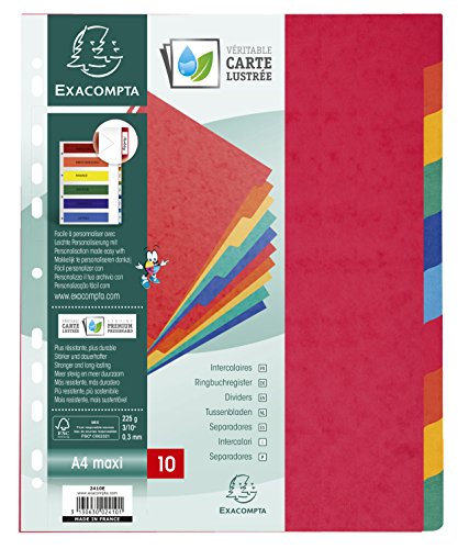 Exacompta - Réf. 2410E - Intercalaires en véritable carte lustrée souple 225g/m2 FSC® avec 10 onglets neutres - Format à classer A4 maxi - Dimensions 24,5 x 29,7 cm...