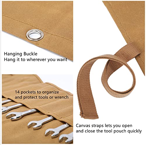 Wrench And Tool Roll Bag, Durable 16oz Waxed Canvas Construction Tool Bag Tool Pouch, 14 Pockets Tool Roll for Metric Or SAE (Khaki) - Image 3