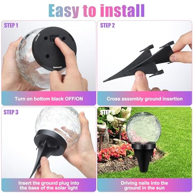6pc Extra Large Solar Globes Outdoor Cracked Glass Ball Crstl Multi-Color Pre Lit Glob Light Waterproof Yard Lawn Garden Decor (4.72)