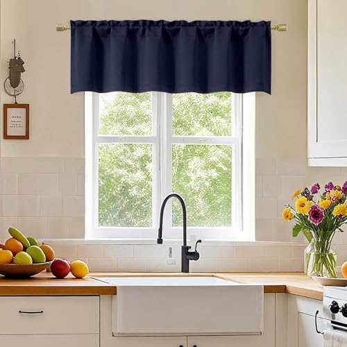 Simplebrand Navy Blue Valance for Windows, Short Blackout Curtains for Kitchen/Small Windows with Rod Pocket,Thermal Insulated Solid Curtain Valance, Each 60Wx14L Inches, 1 Piece
