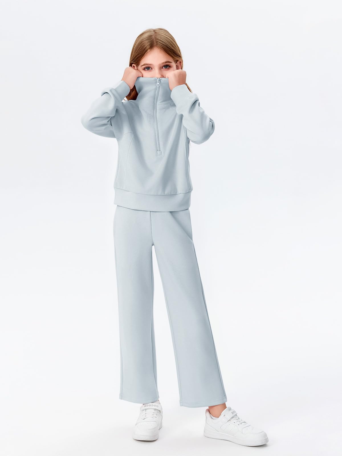 Haloumoning 2-teiliges Mädchen-Outfits, Sweatanzug, halber Reißverschluss, langärmelig, Sweatpants, Trainingsanzug-Set, 5–14 Jahre | Halber Reißverschluss, Taillen-Kordelzug, Mädchen-Trainingsanzug