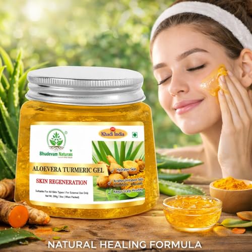 Image of Aloe Vera Face Massage Gel | Hydrating & Soothing Skin | For Glowing, Soft & Clear Skin | Reduces Sunburn, Acne & Redness (Turmeric Gel)