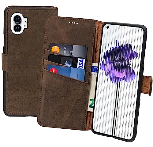Suncase Book-Style Hülle kompatibel mit Nothing Phone (1) Leder Tasche (Slim-Fit) Lederhülle Handytasche Schutzhülle Hülle mit 3 Kartenfächer in antik-braun
