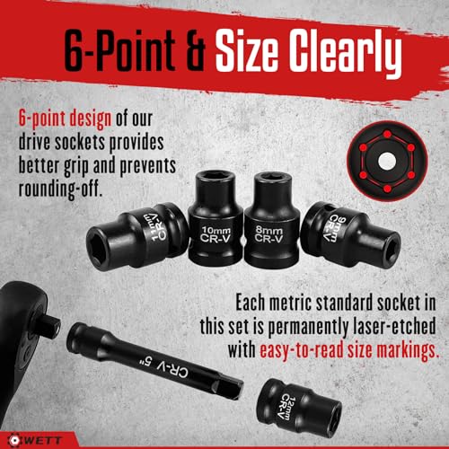 Wett HZ043 1/2 Inch Drive Impact Socket Set, 40Pcs Metric Socket Wrench Set thumb #2
