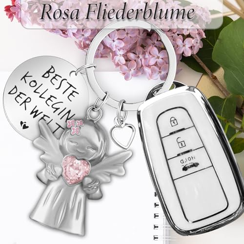 YnewL Beste Kollegin Schlüsselanhänger Schutzengel Glücksbringer Matt mit Edelsteinen, mit Herz und Gravur - Abschied Kollege Abschiedsgeschenk(Rosa)