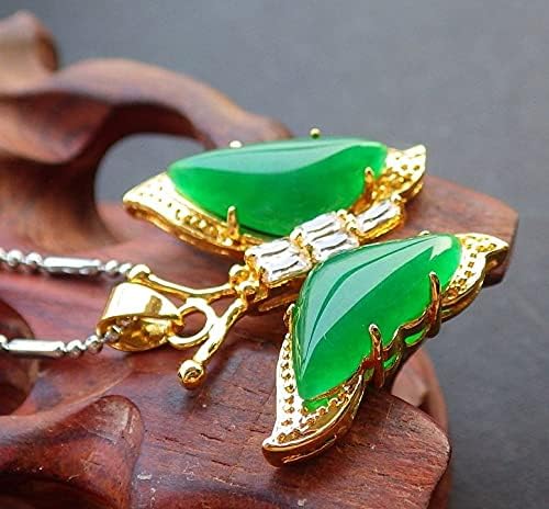 Yellow Gold Plate CHINESE Green JADE Pendant Butterfly Diamond Imitation 100790, 33mm X 23mm X 7mm