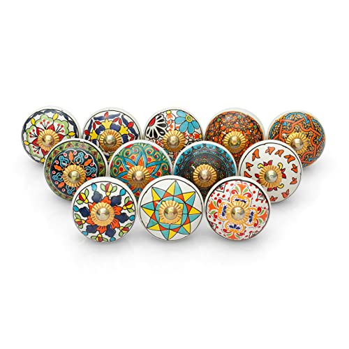 Image of Craft Trade Multicolor Mandala Ceramic Cabinet Knobs - Set of 12 | 1.5 Inch Diameter Handmade Floral Design Pulls for Drawers & Wardrobes Premium Decorative Furniture Knobs with Fitting Hardware