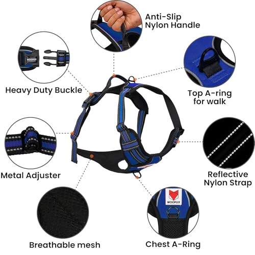 Image of Wooflix Heavy Duty Reflective Dog Harness for Large Sized Breed Dogs - No Pull, No Choke Harness for Dog with Adjustable Chest Belt with Soft Padded Handle | Blue - Size: Large (22kg to 32kg Dog)