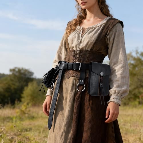 Image of Renaissance Pirate Belt Pouch with Coin Purse Skirt Hike Set | Medieval Viking Pirate Belt Pouch for Halloween Cosplay Ren Faire Accessories,Black.