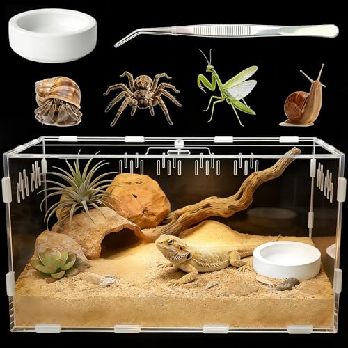 Acrylic Reptile Terrarium Tarantula Enclosure with Magnetic Door Easy-Clean Reptile Tank for Spider Insect Gecko Mantis Frog Snail Isopods- 11.4 X 7.8 X 5.9(Tweezer and Bowl Included)