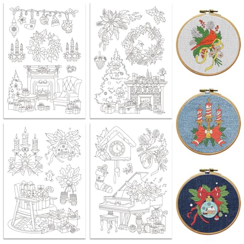 Image of Peacoblue Water Soluble Embroidery Patterns for Beginners, Christmas Tree Piano Bird Misttletoe 4 Sheets with 20pcs, Wash Away Embroidery Pattern Stabilizer for Hand Sewing Lover Women Adults