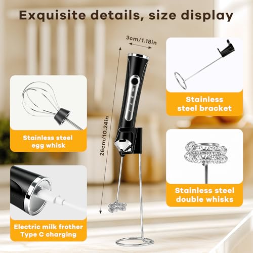 Image of Milk Frother Handheld Rechargeable with Stand 3 Speed Frother Wand | Adjustable Foam Maker Hand Mixer with Detachable Stainless 2 Whisks Electric Coffee Frother Stirrer For Latte, Egg