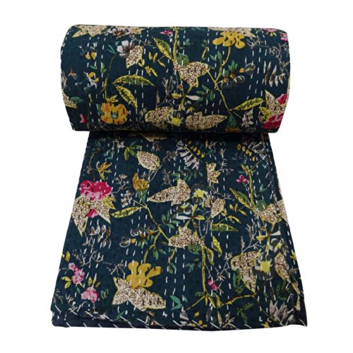 Sophia-Art Floral Print Decorative Blue Cotton Reversible Bedspread Quilt Reversible Gudri Queen Size Throw Bedspread