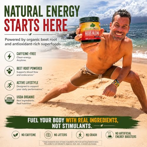 Image of Organic Muscle Superfood Reds Powder Supplement | USDA Certified Organic Beet Root, Acai, Pomegranate | Caffeine-Free Energy, Antioxidants, Vegan | Berry Flavor, Non-GMO, 30 Servings