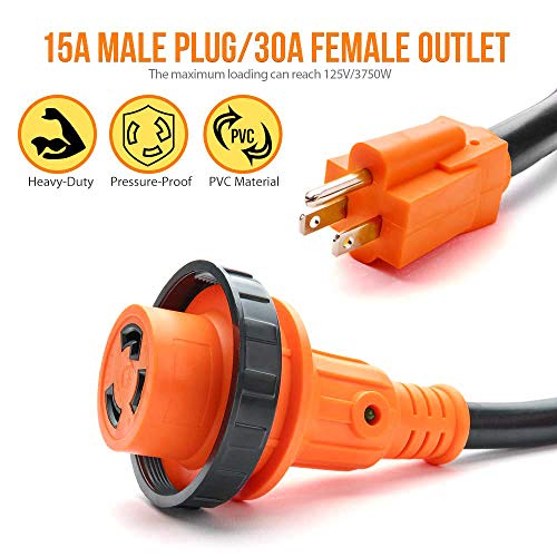 MICTUNING 18 Inch 15A Male to 30A Female Heavy Duty RV Adapter Cord Dogbone Electrical Adapter with Twist Lock, LED Indicator - Thumbnail 4