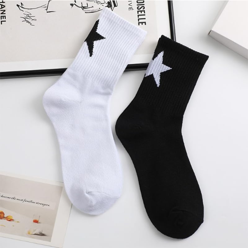 6 Pairs Black and White Star Mid-Calf Socks, Versatile Trendy Athletic Socks With Ribbed Cuff, Perfect For Casual Or Sporty Outfits2
