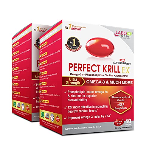 LABO Nutrition Perfect Krill EX, The Purest Ultra Strength Antarctic Krill Oil, Highest Phospholipids (>56%) with Choline & Astaxanthin, Omega 3, Heart & Joint Support, 100% Made In USA, 2x 60softgels