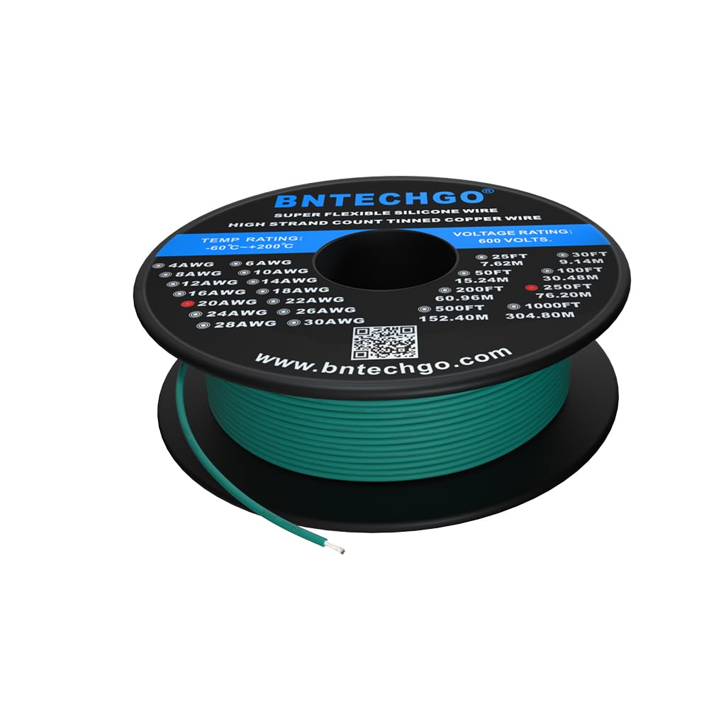 Bntechgo - Carrete de cable flexible calibre 20 AWG (1,8 mm de diámetro), cobre estañado trenzado, bobina de 76 m, verde