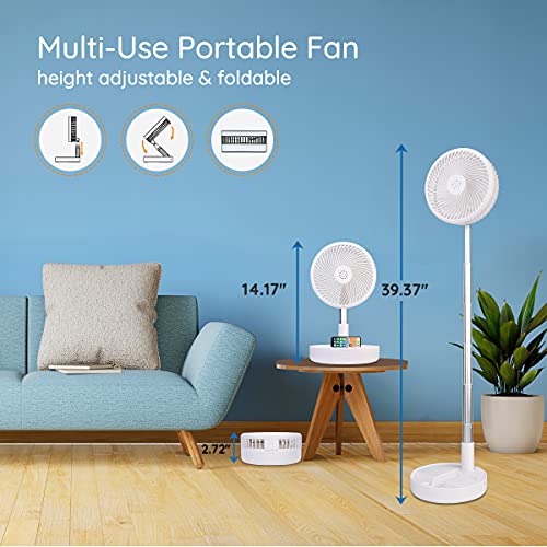 Battery Operated Portable Standing Fan, Primevolve Rechargeable USB Personal Floor Fan with Adjustable Height, 4 Speed Settings Pedestal Fan for Camping Tent Travel, White, 7200mAh