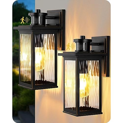 EDISHINE Motion Sensor Outdoor Light Fixtures Wall Mount, Dusk to Dawn Front Porch Light with Water Ripple Glass, Waterproof Outdoor Wall Lights for Door Garage Patio, 2 Pack