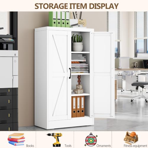 Image of White Metal Storage Cabinet, 43 inch Kitchen Pantry Cabinets for Office | Steel Kitchen Pantry Storage with Doors and 3 Adjustable Shelves, Metal Tool Cabinet, for Office, Home, Garage, School