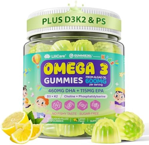 Omega-3 for Kids 4+, Algae EPA & DHA Gummies Plus Vitamin D3 K2, Choline & PS for Brain, Bone, Cognitive & Immune Health, Zero Sugar Children Ultra-High DHA Fish Oil Alternative Lemon Flavor, 60 Cts