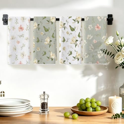 Image of 4Pcs Spring Pastel Floral Pattern Kitchen Towels, Cottage Core Decorative Absorbent Microfiber Dish Cloth Tea Towel, Hand Towels for Farmhouse Home Bathroom, Housewarming Gifts for Women