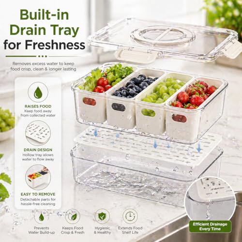 Image of Premium 4 Compartment Fridge Storage Box with Drain Tray & Lid | Large Capacity Refrigerator Organizer for Vegetables, Fruits & Meat | Leakproof, Stackable Kitchen Container (Transparent)